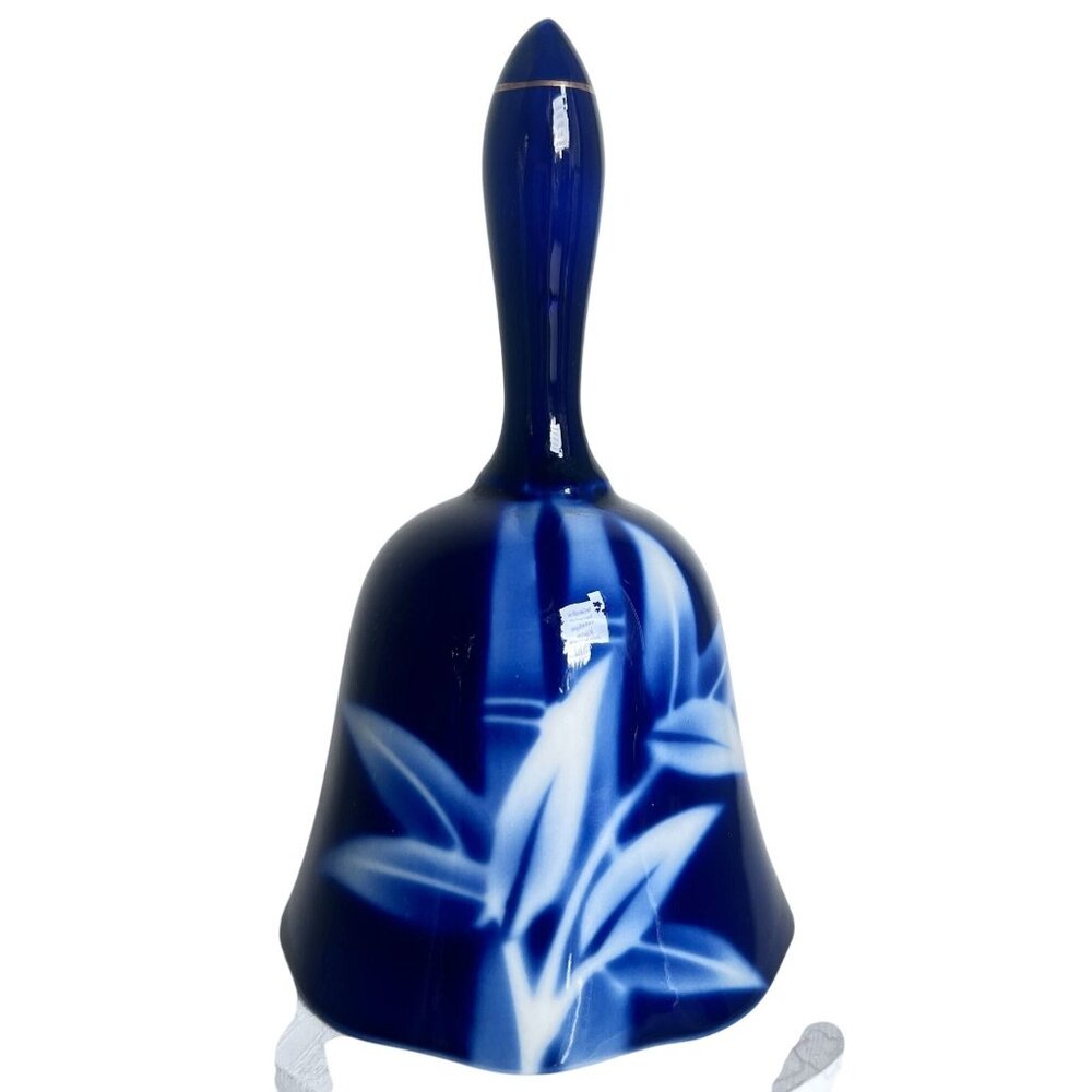 Vtg Cobalt Blue Porcelain Bell White Bamboo Design Gold Trim Chain Clapper